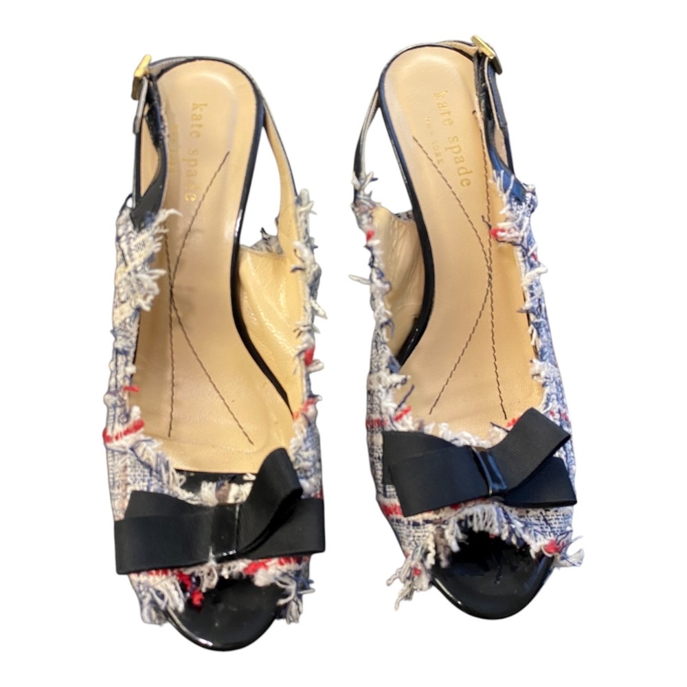 Kate Spade Tweed Bow Slingback Heels‎ Peep Toe Pumps Size 6 B Made in Italy - Picture 2 of 11